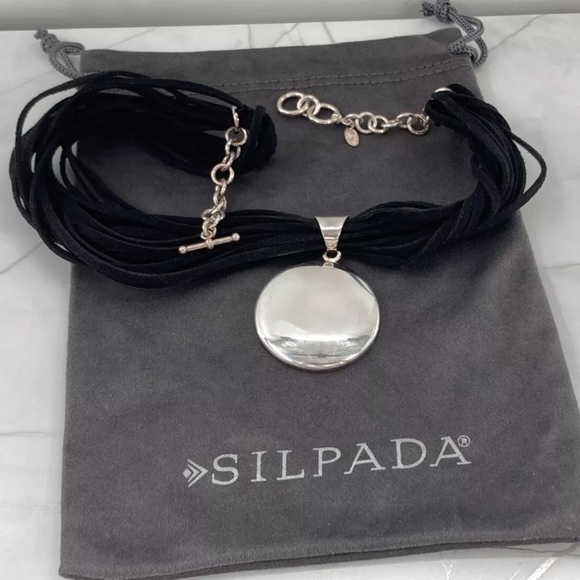 Silpada Village Black Suede Multi Strand Sterling Silver Disc Pendant Necklace - Picture 12 of 12